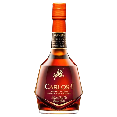 Carlos I Brandy de Jerez bottle with a gold label and orange cap