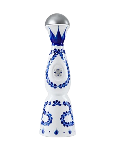 Decorative bottle of luxury tequila with blue and white floral design and a silver top