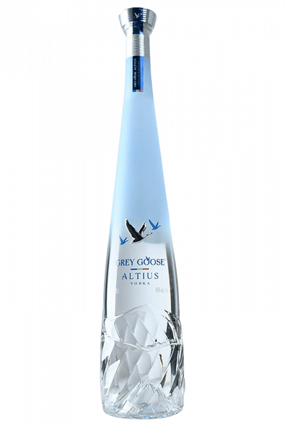 Grey Goose Altius vodka bottle with a blue label and crystal base design