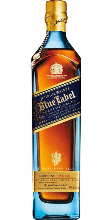Johnnie Walker Blue Label whiskey bottle with a blue and gold label