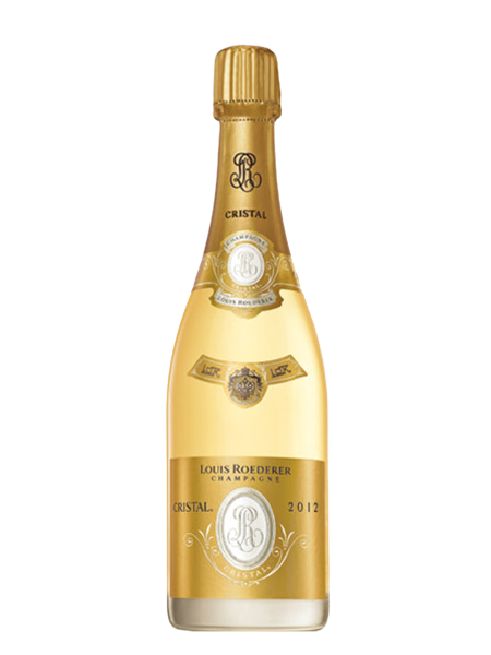 Louis Roederer Cristal Champagne bottle with a gold label and 2012 vintage year