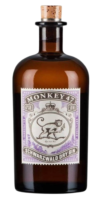 Monkey 47 Schwarzwald Dry Gin bottle with a cork top and purple label featuring a monkey illustration