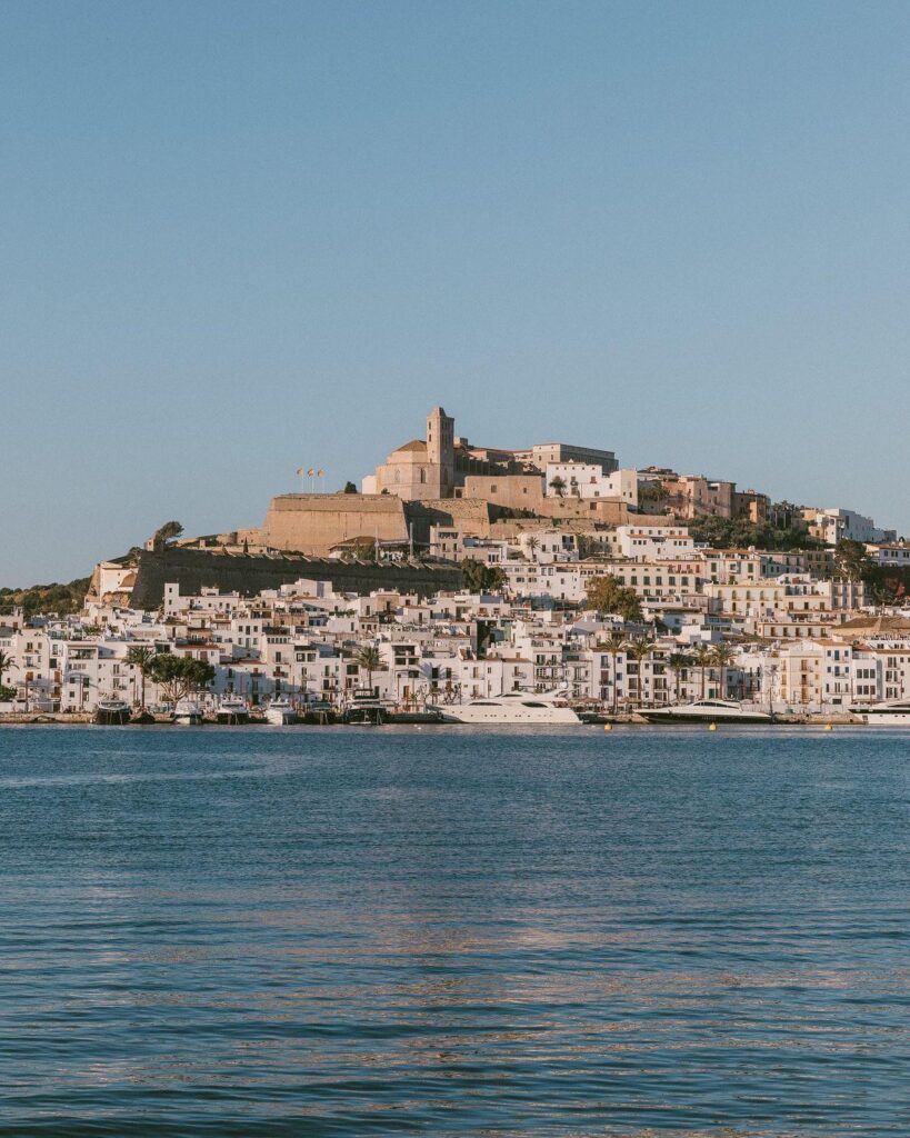 Scenic view of the island of Ibiza with palm trees and mountains in the background
