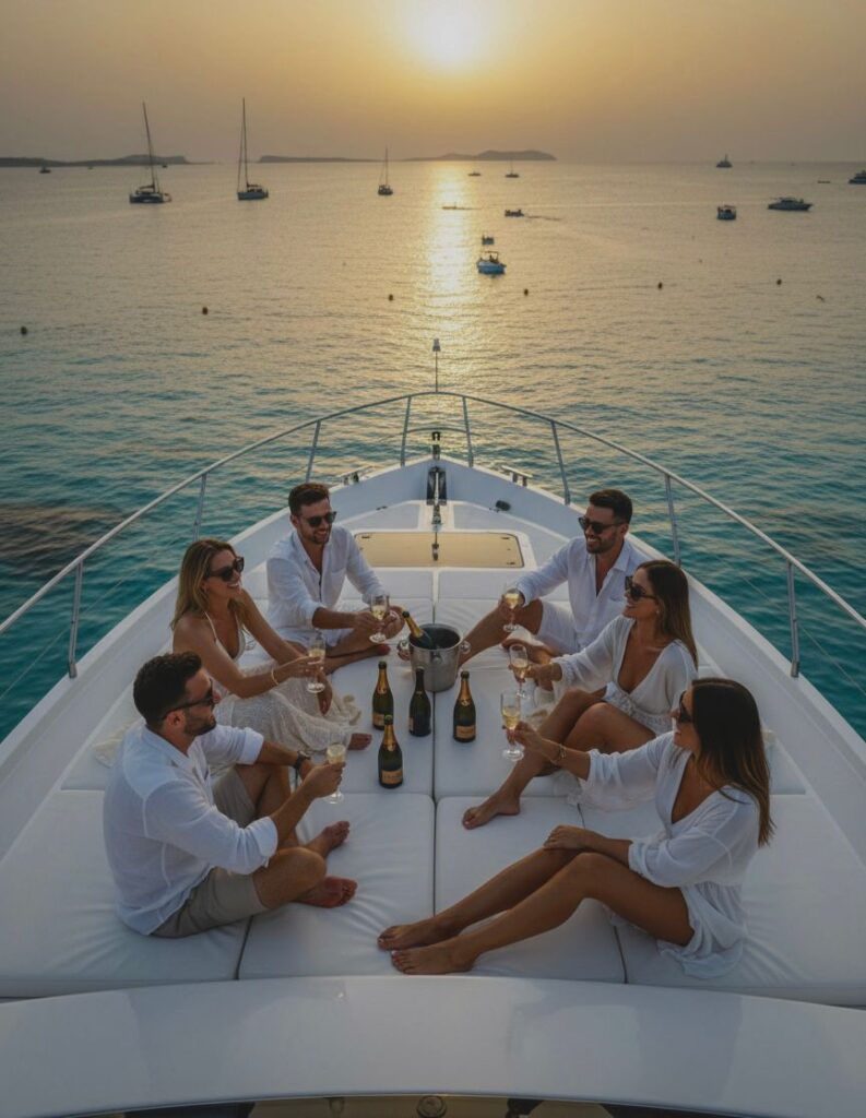 Friends celebrating with champagne on a yacht, surrounded by beautiful ocean views