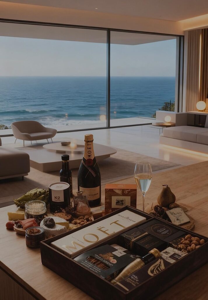 Moët champagne and gourmet snacks displayed on a modern table in a luxurious home