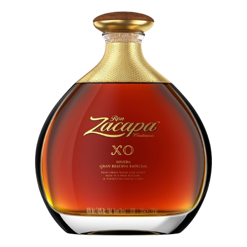 Ron Zacapa XO rum bottle with a unique round shape and a cork top