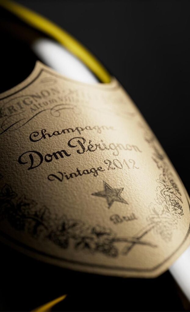 Close-up of a Dom Pérignon champagne bottle label from the 2012 vintage
