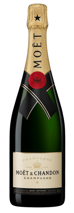 Moët & Chandon champagne bottle with a golden foil top and white label